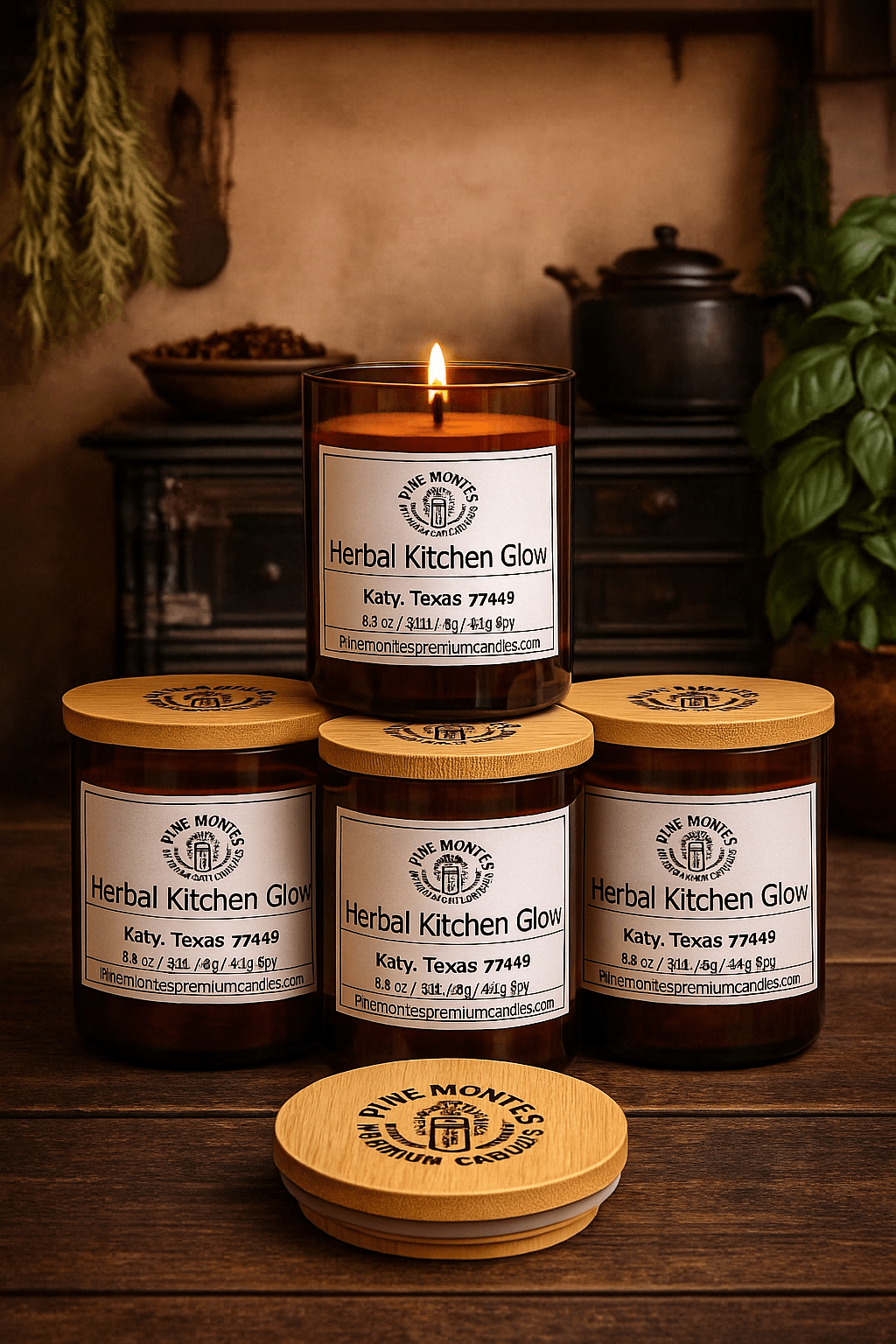 Herbal Kitchen Glow Candle luxury soy candle display in a cozy kitchen setting, Katy TX.