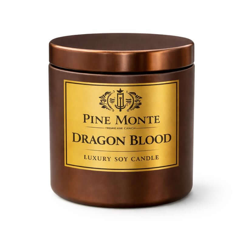 dragons blood candle Pine Monte Dragon Blood candle in luxury soy candle packaging with a golden label.