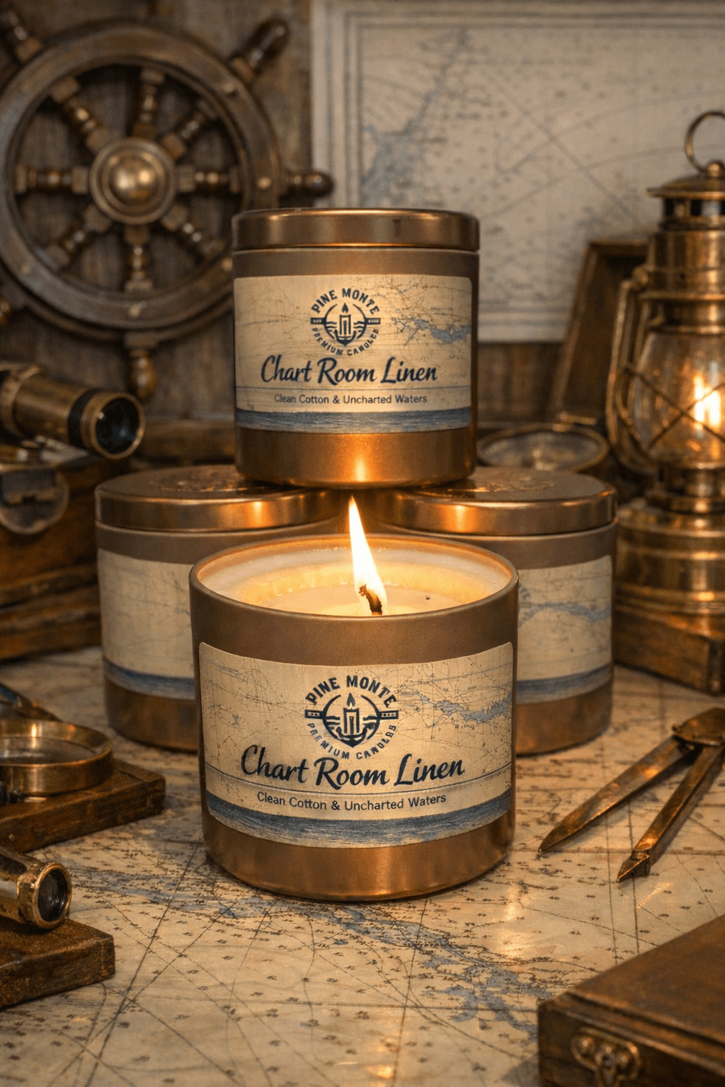 Chart Room Linen candle showcased in a rustic setting, representing clean linen candle fragrance.