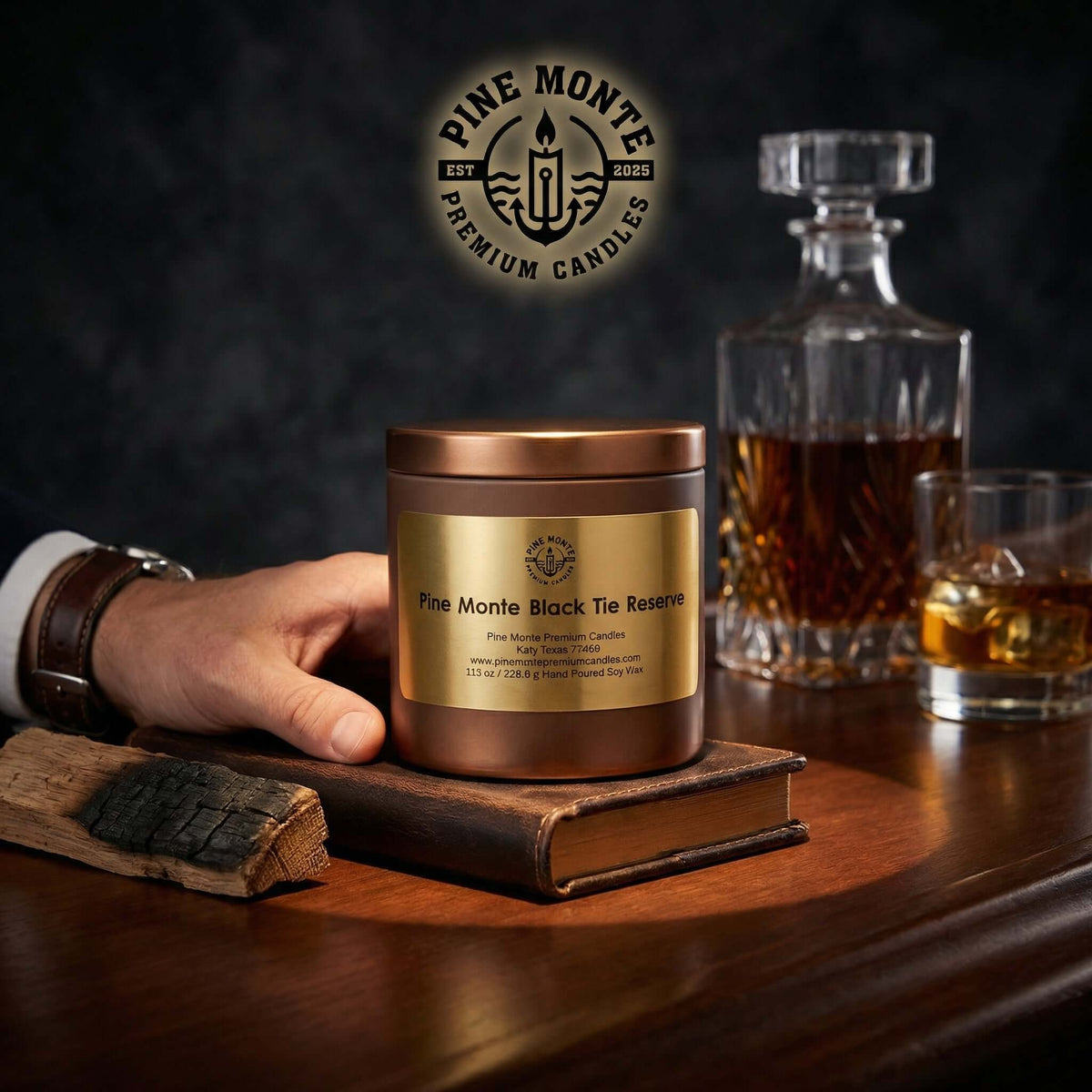 cologne scented candle Pine Monte Black Tie Reserve cologne scented candle on a wooden table next to a decanter and whiskey glasses.