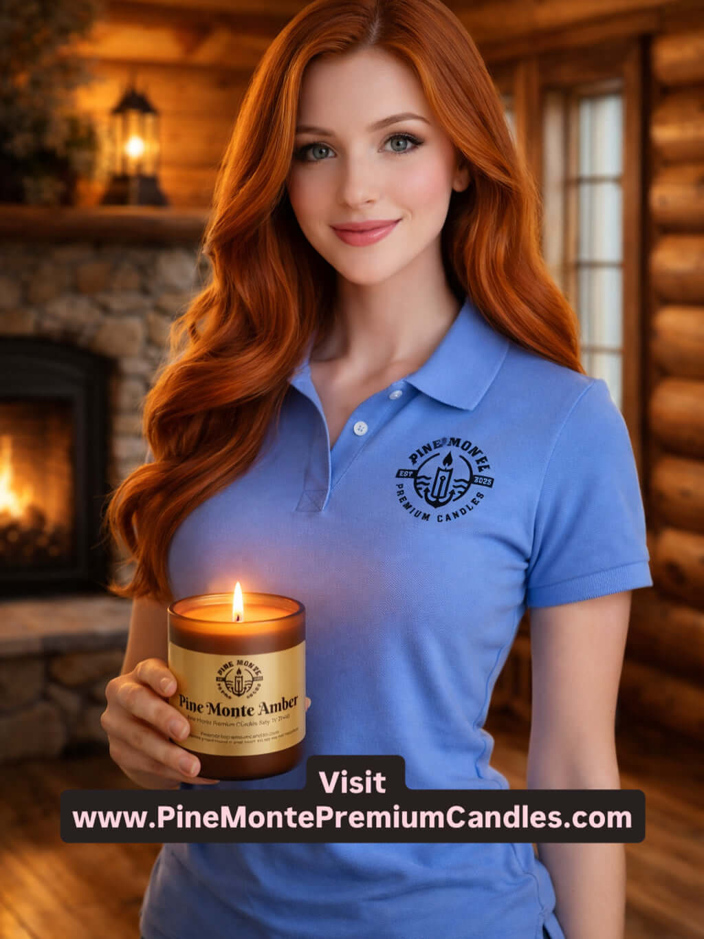 where to buy luxury candles in Houston Texas featuring a woman holding a Pine Monte Amber candle in a cozy cabin.