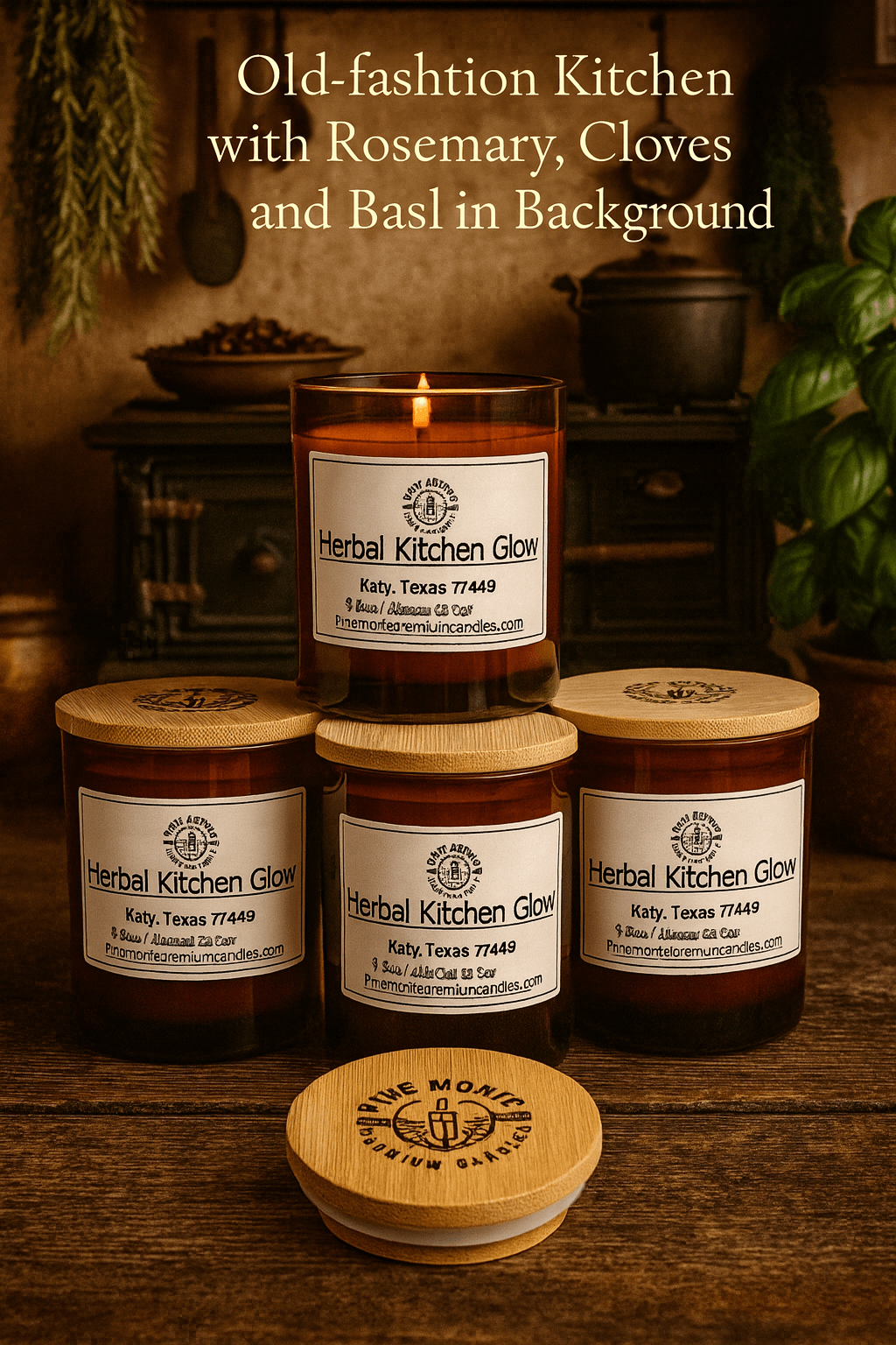 Four Herbal Kitchen Candles with a warm glow in a rustic kitchen setting, featuring rosemary and basil.