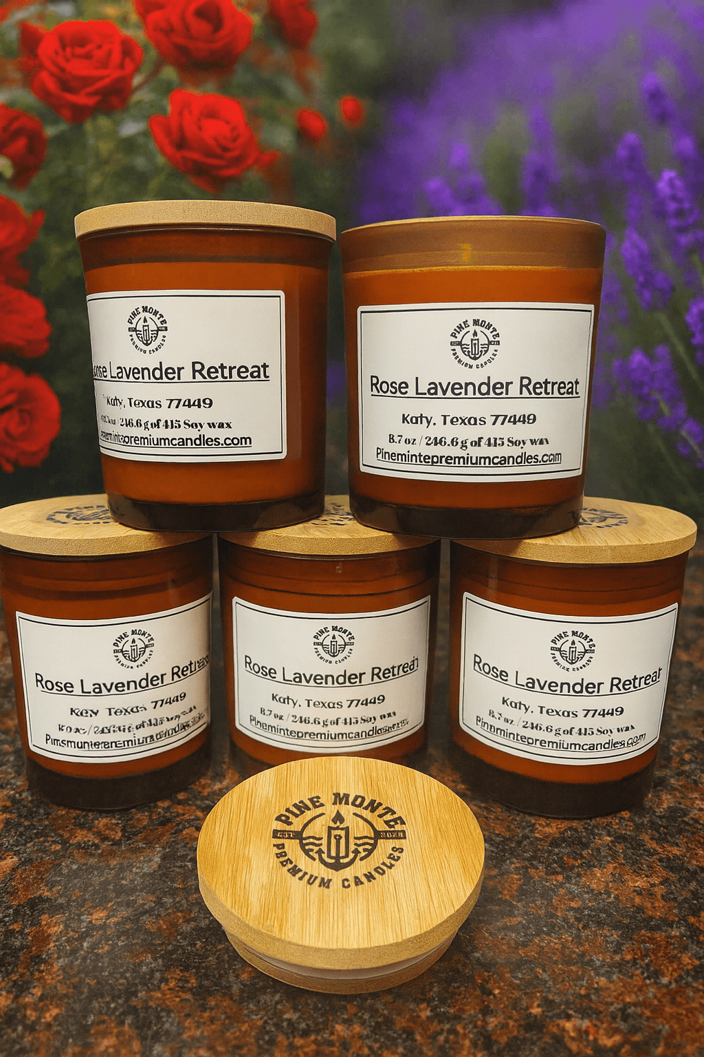 Roses and Lavender Retreat Candle luxury soy candles displayed with lavender and roses in the background, Katy TX.