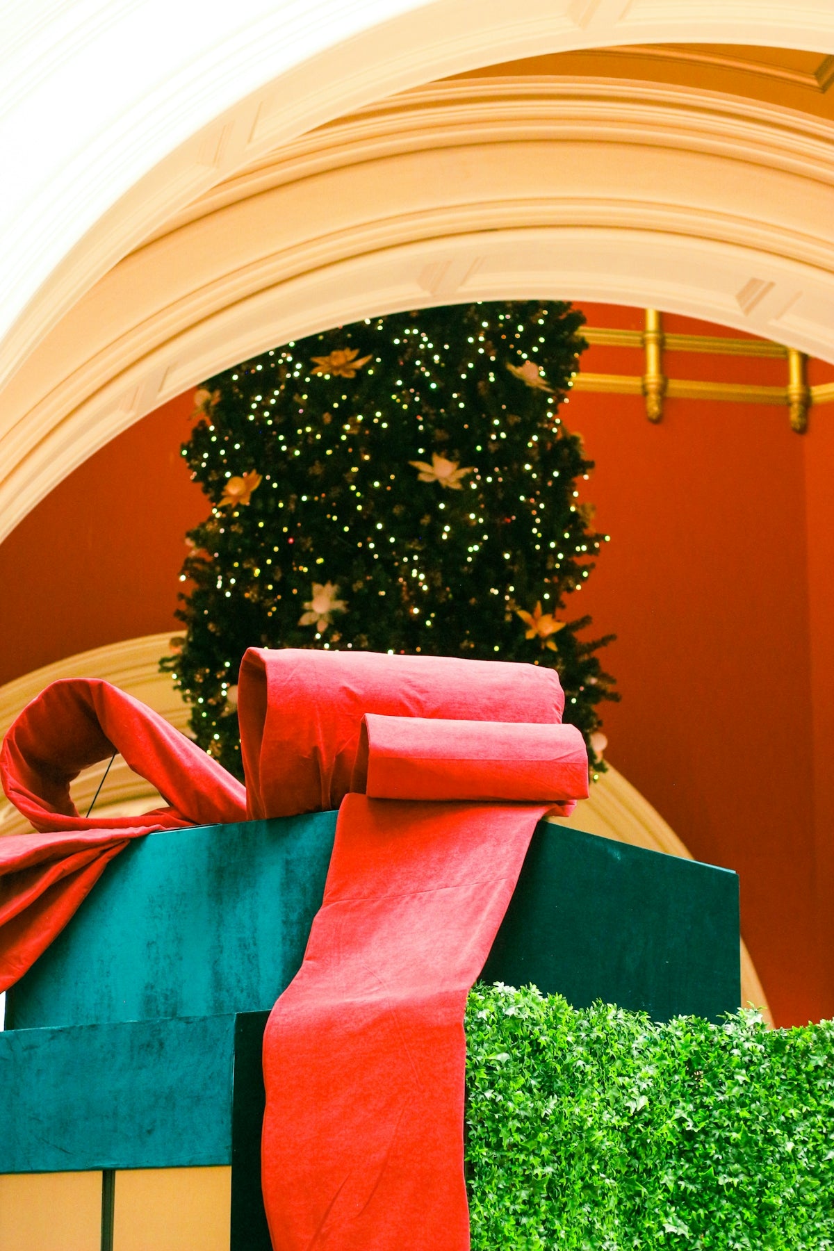 Large teal gift box with red ribbon and christmas tree
