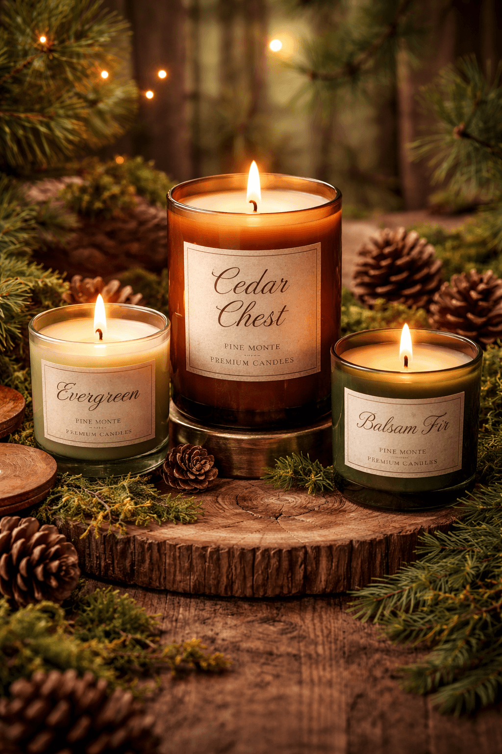 woodsy soy candles collection featuring Cedar Chest, Evergreen, and Balsam Fir from Pine Monte Premium Candles.