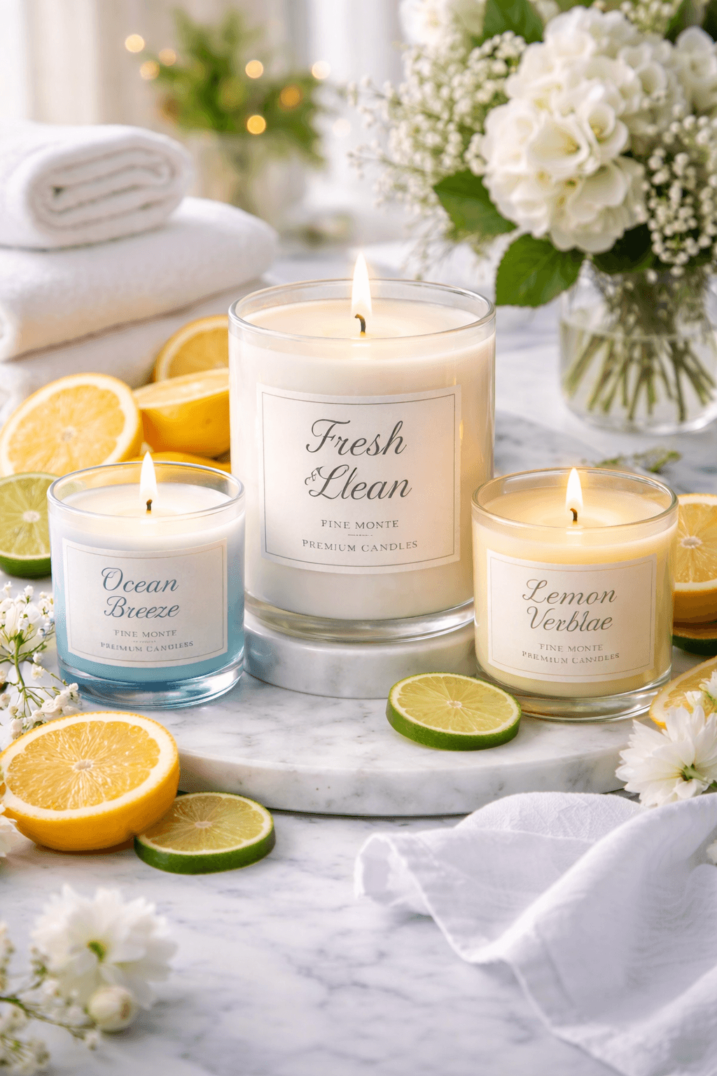 Fresh & Clean soy candles collection featuring Ocean Breeze and Lemon Verbena on a marble surface with fresh lemons.