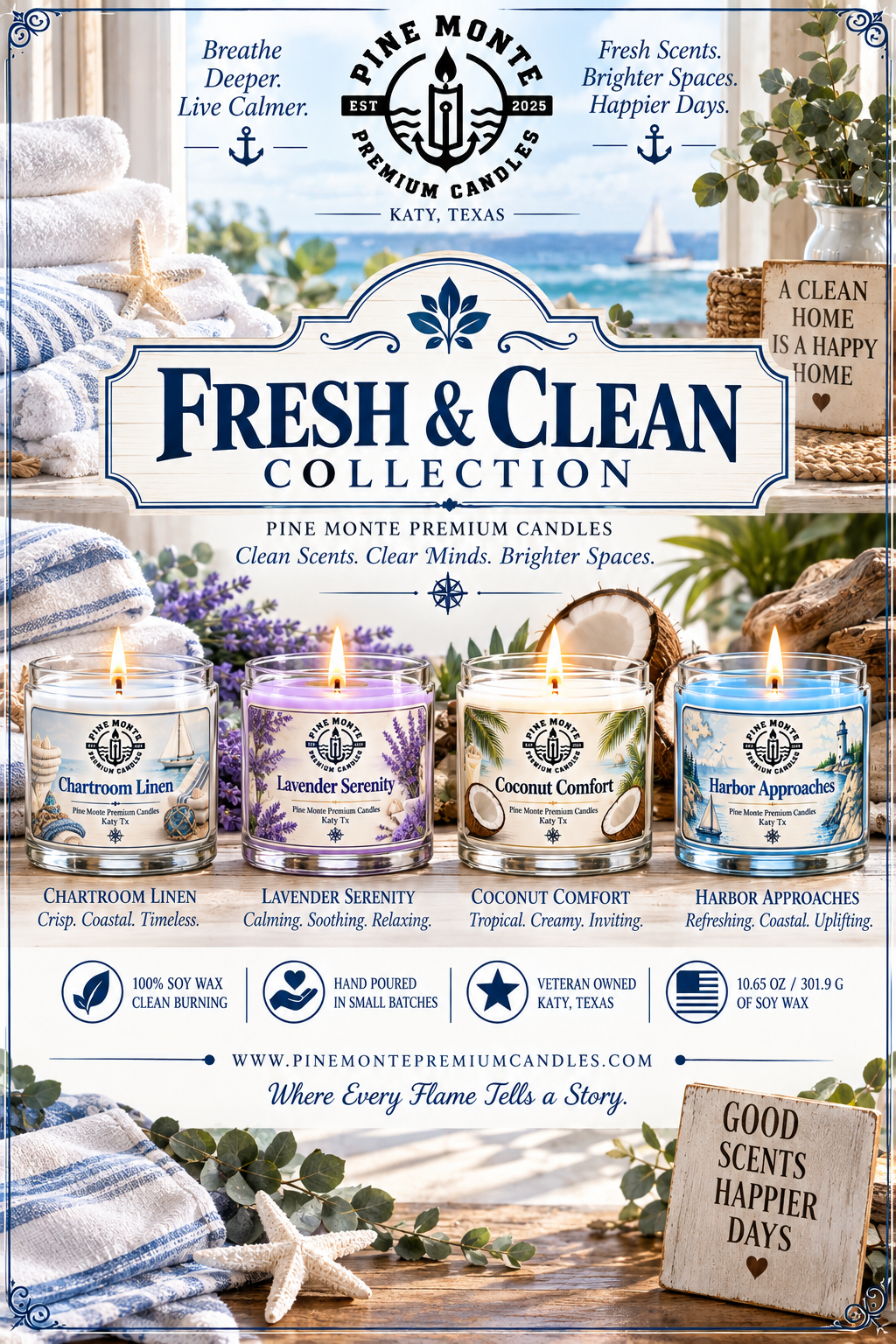 Fresh & Clean soy candles collection featuring Ocean Breeze and Lemon Verbena on a marble surface with fresh lemons.
