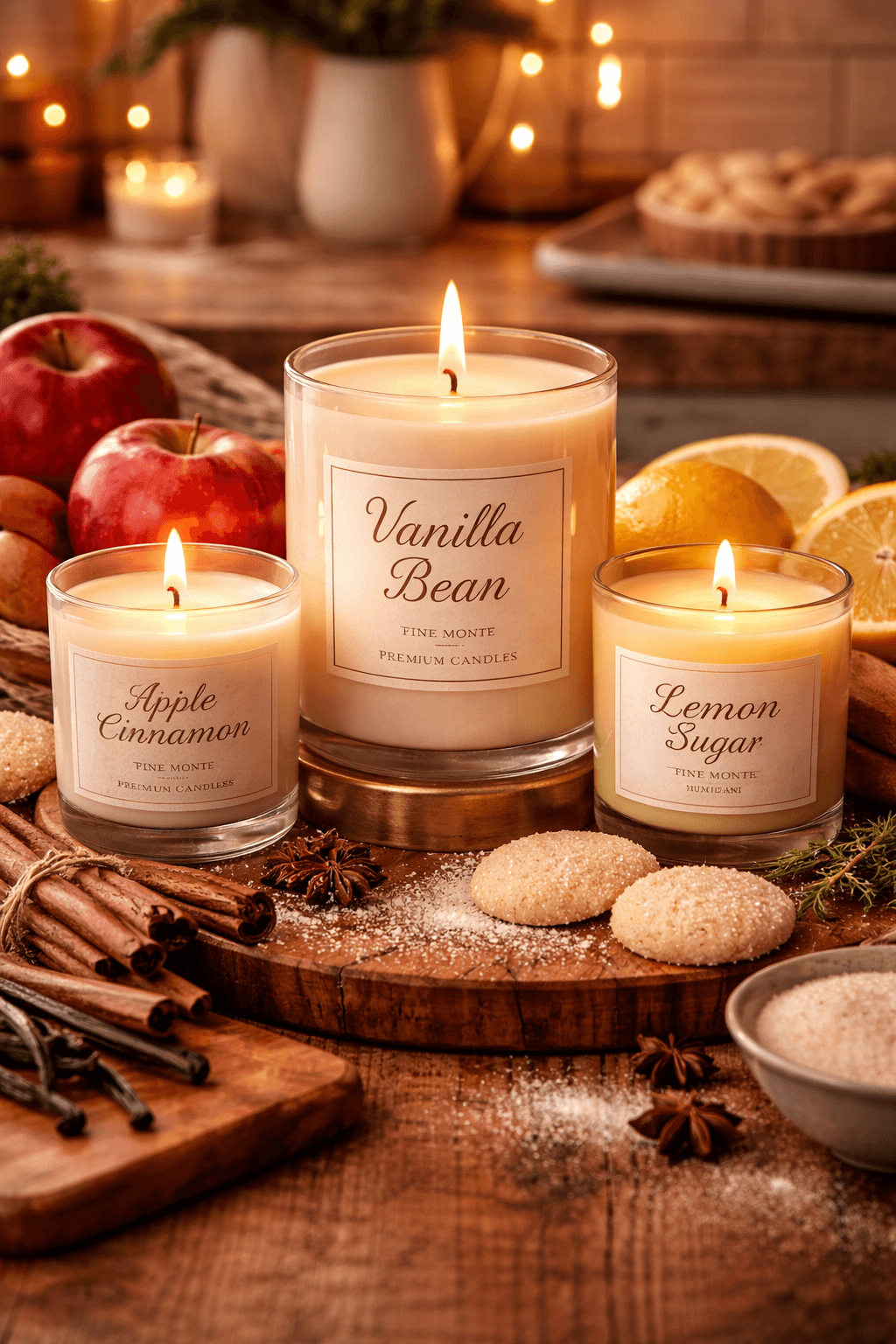 Kitchen & Bakery Candles Collection featuring Vanilla Bean, Apple Cinnamon, and Lemon Sugar candles with baked goods.