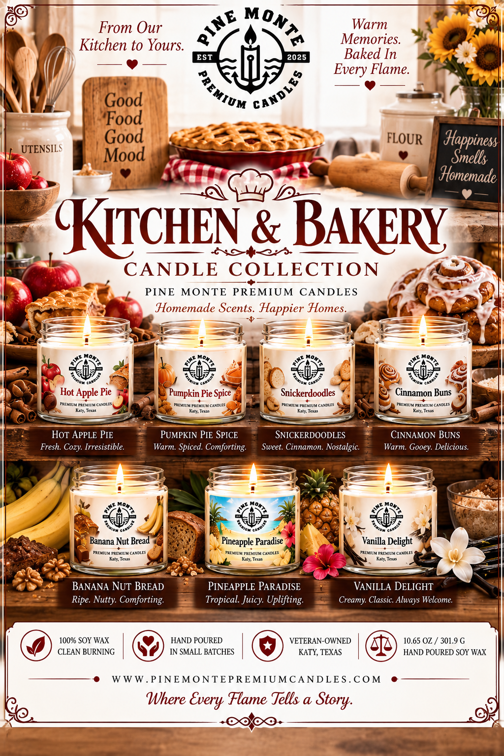 Kitchen & Bakery Candles Collection featuring Vanilla Bean, Apple Cinnamon, and Lemon Sugar candles with baked goods.