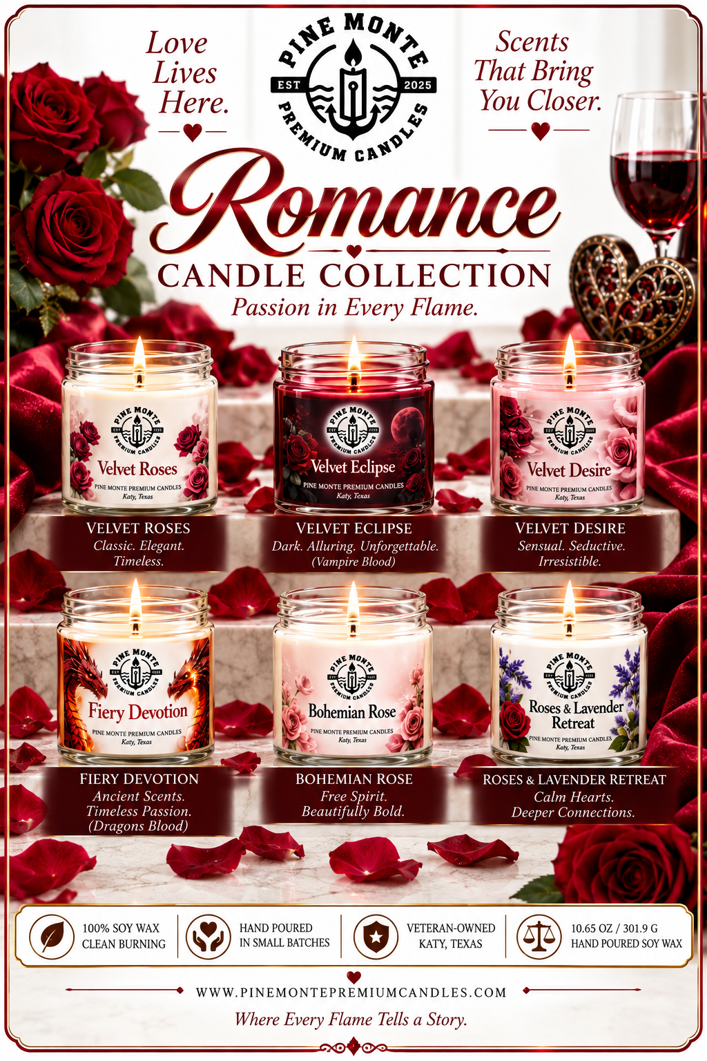 Romantic soy candles on a decorative tray with rose petals, perfect for creating a romantic atmosphere.