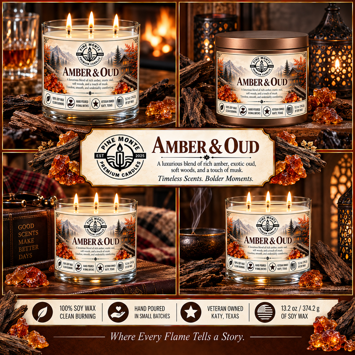 Amber & Oud Soy Candle showcases a luxurious blend of amber, exotic woods, and musk in beautiful packaging.