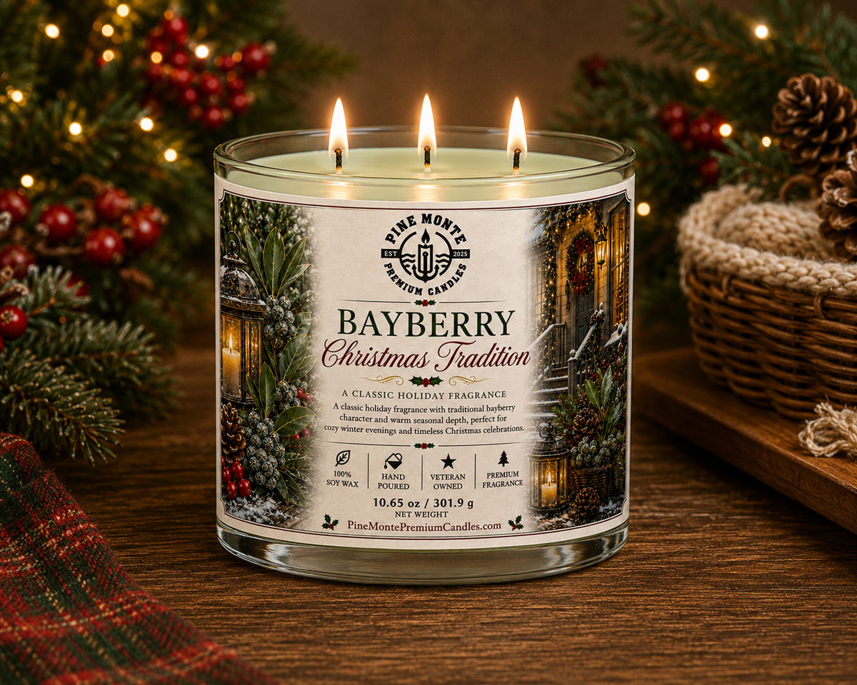 Bayberry Christmas candle by Pine Monte Premium Candles with warm festive lighting and seasonal greenery.