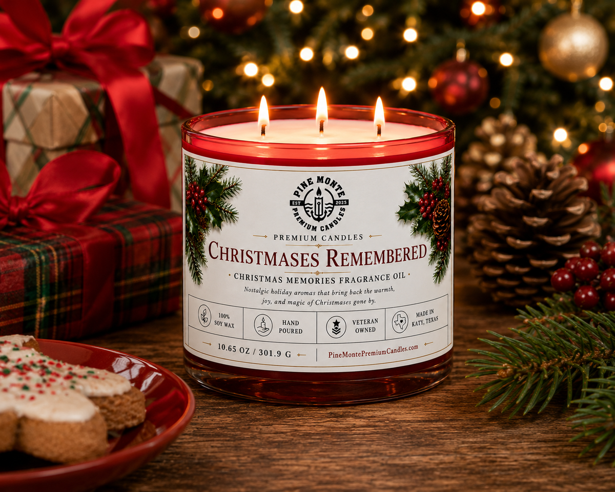 Christmas soy candle Christmases Remembered by Pine Monte surrounded by festive decorations and cookies.