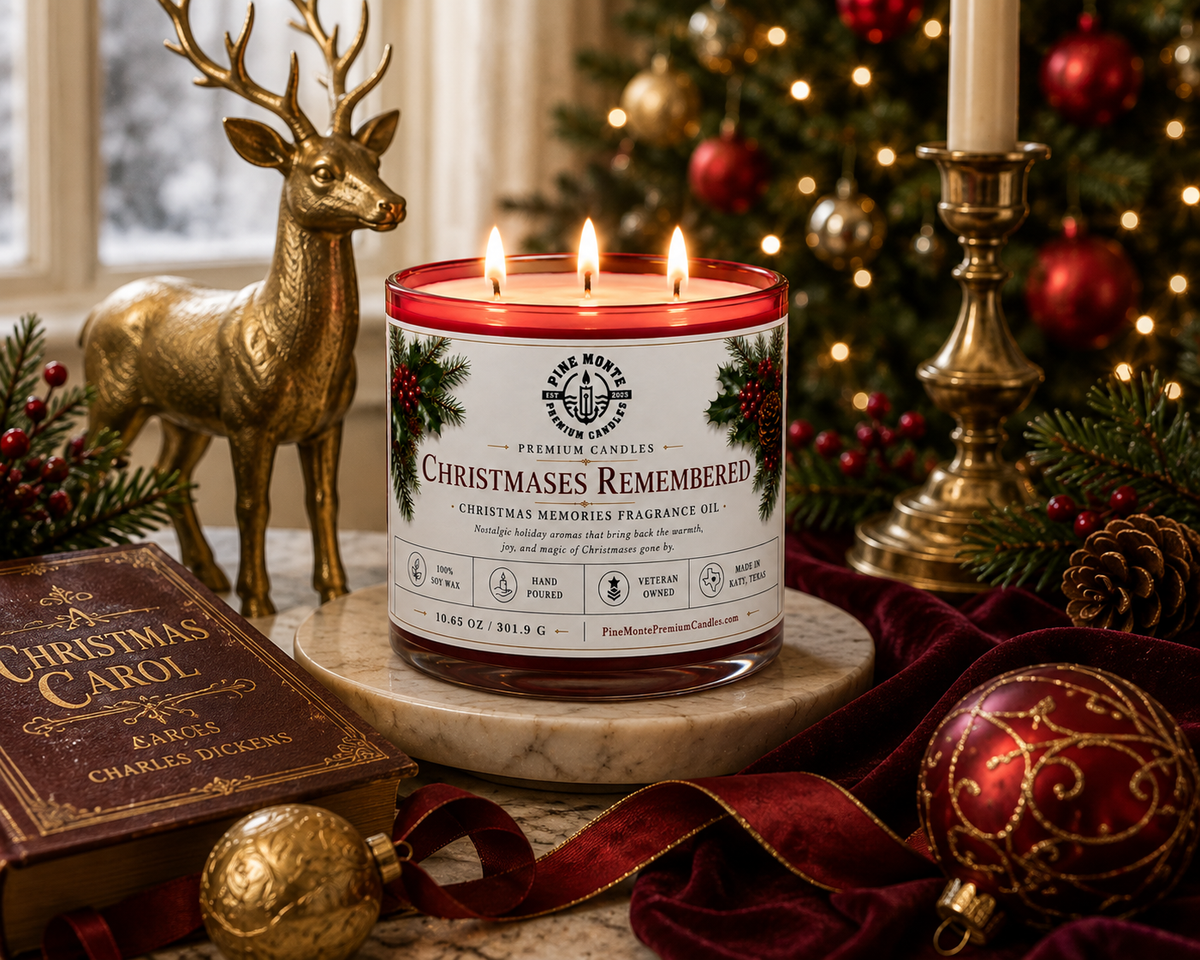 Christmas soy candle Christmases Remembered by Pine Monte, featuring festive decorations and a warm holiday setting.