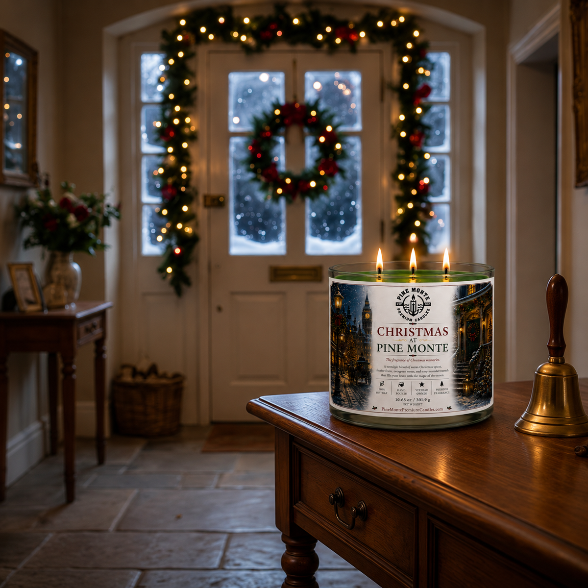 Christmas soy candle placed on a table in a decorated hall with a festive wreath and holiday lights.