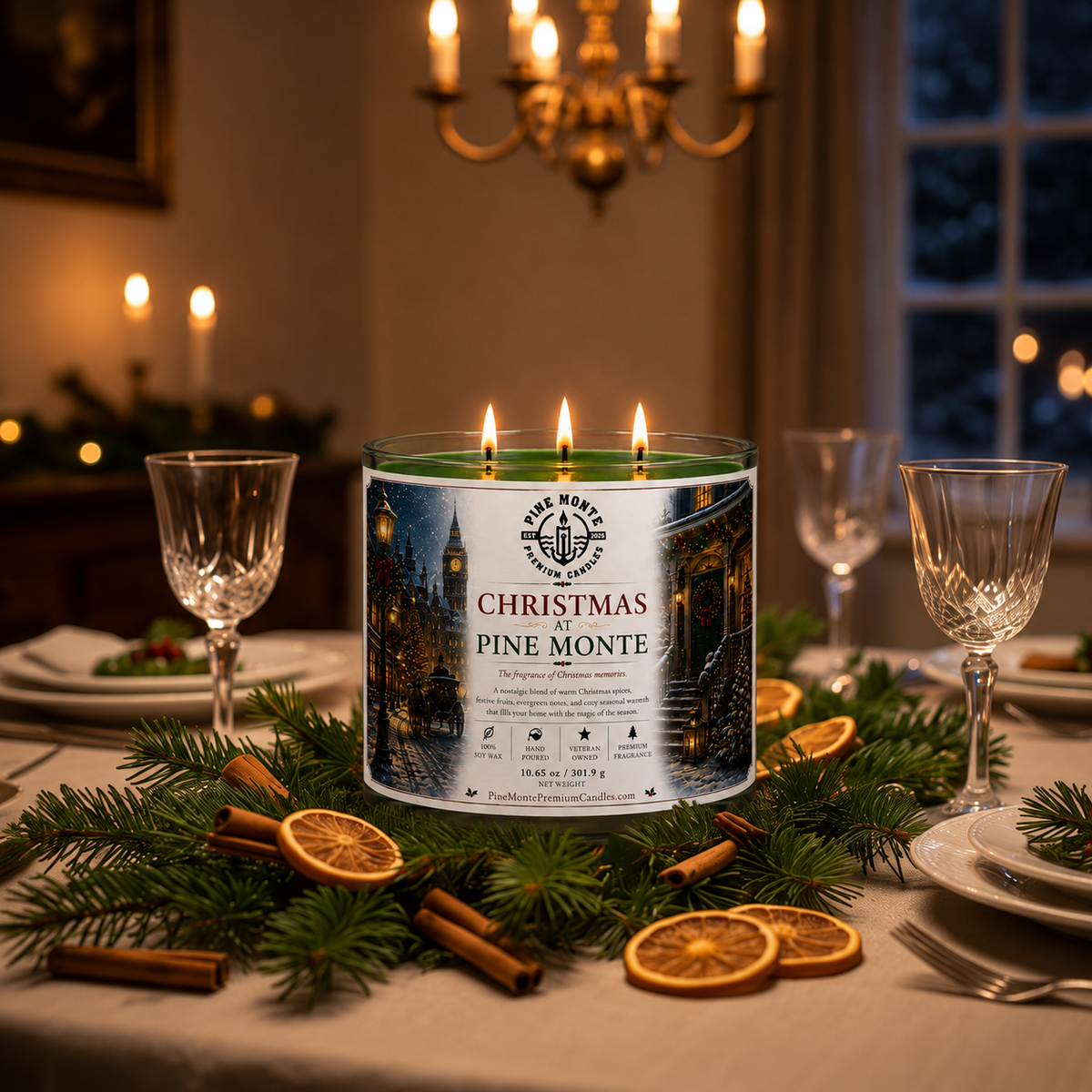 Christmas soy candle titled Christmas at Pine Monte on a holiday table with greenery and festive decor.