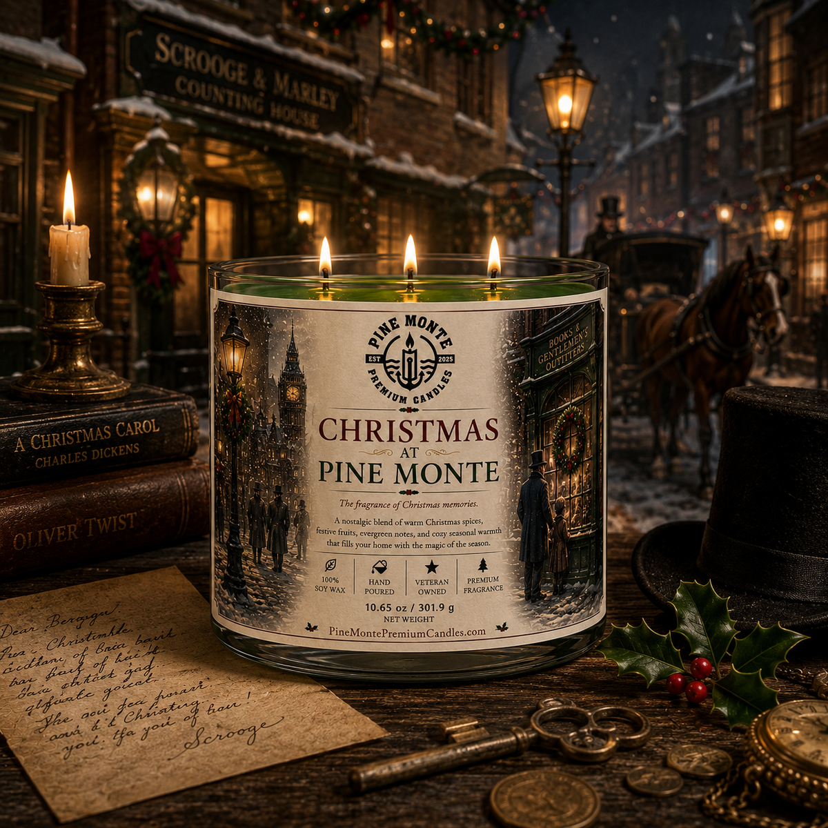 Christmas soy candle titled 'Christmas at Pine Monte' displayed in a festive, Dickens-inspired setting.