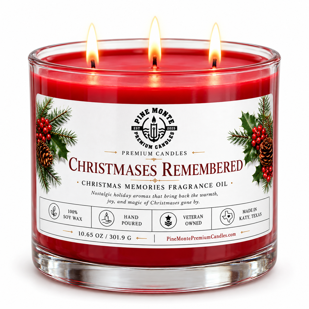 Christmas soy candle Christmases Remembered by Pine Monte, featuring three wicks and festive holiday fragrance.