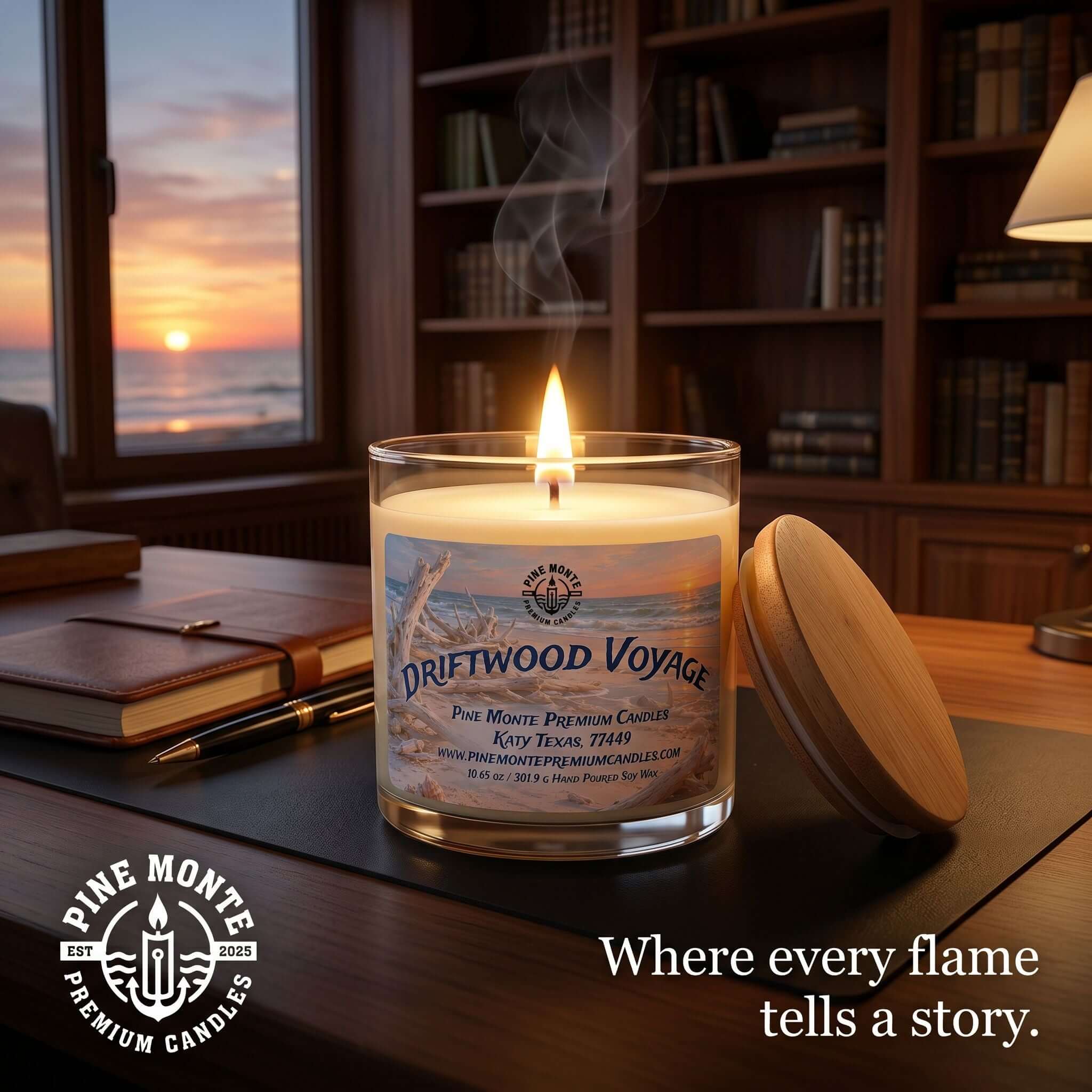Luxury driftwood soy candle with a glowing flame in a cozy setting, evoking coastal relaxation and warmth.