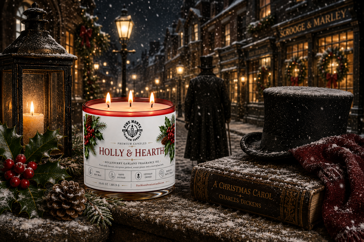 Christmas soy candle labeled Holly & Hearth with festive decorations, surrounded by Christmas scenery.