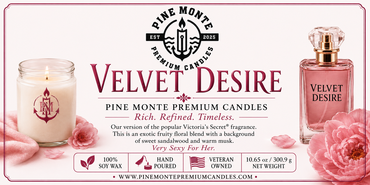 Velvet Desire luxury scented candle product image with floral elements and elegant packaging.