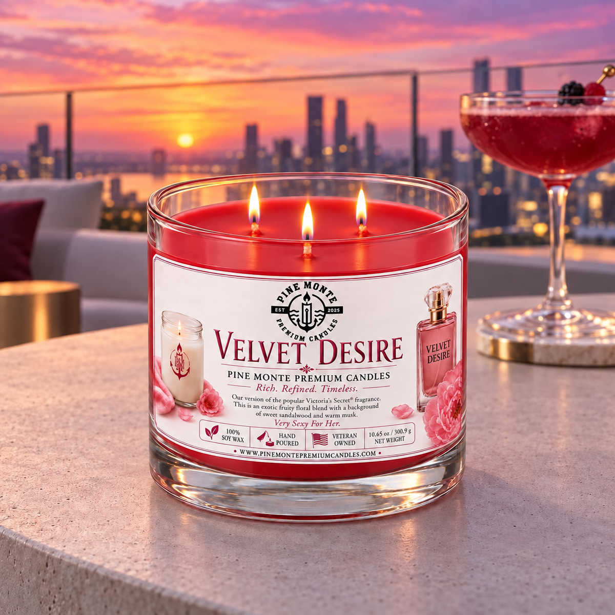 Velvet Desire luxury scented candle with three wicks and floral accents, perfect for creating a romantic atmosphere.