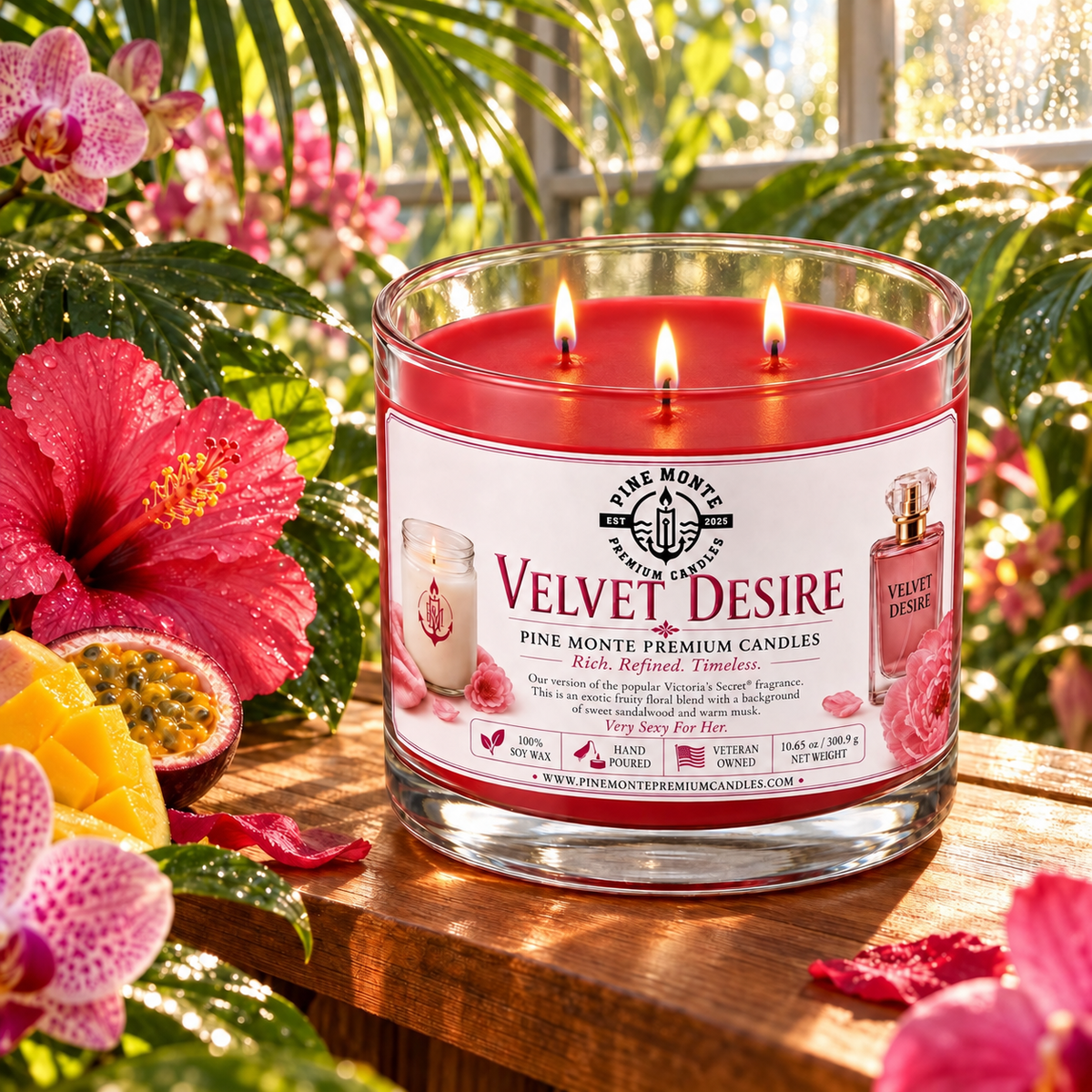 Velvet Desire luxury scented candle with three wicks surrounded by exotic flowers and fruits.