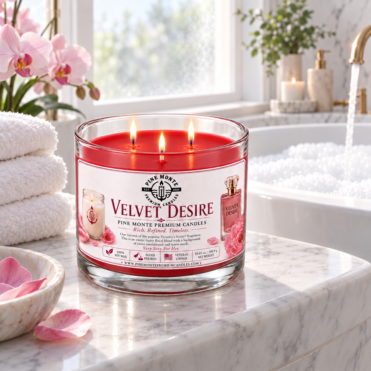 Velvet Desire luxury scented candle with three wicks, placed on a marble countertop beside a spa bath.