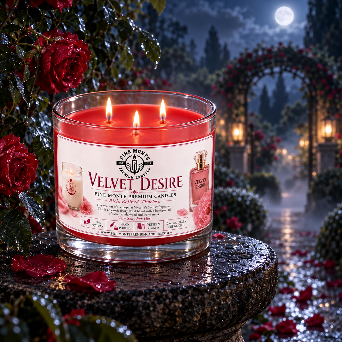Velvet Desire luxury scented candle with three wicks surrounded by roses at night in a romantic setting.
