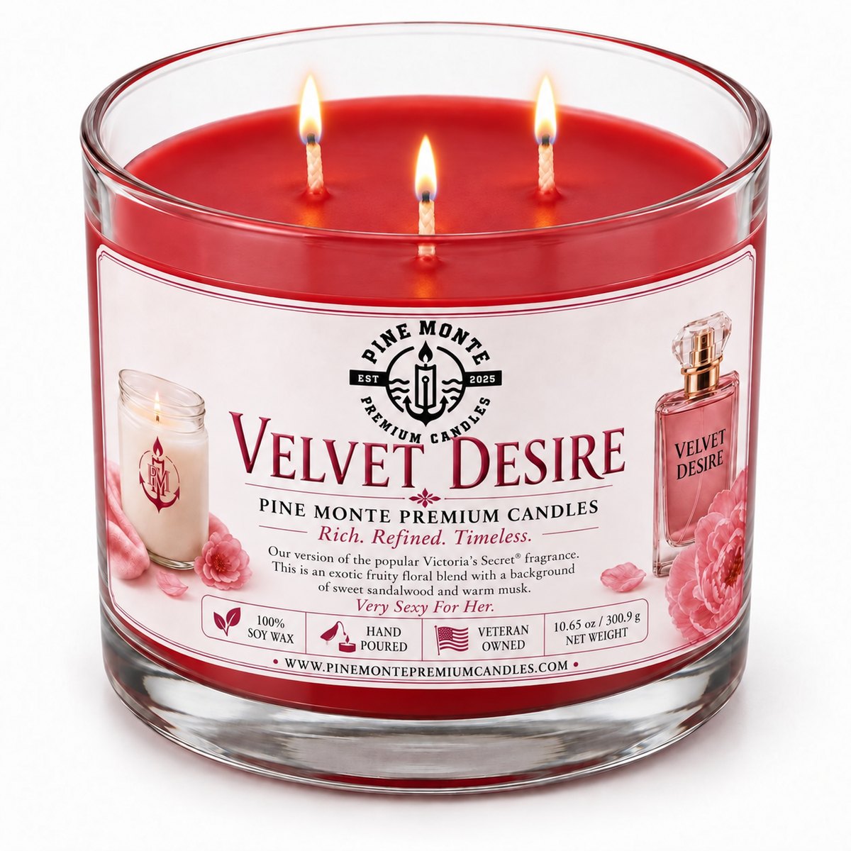 Velvet Desire luxury romantic scented candle with three wicks and floral design, perfect for creating a warm atmosphere.