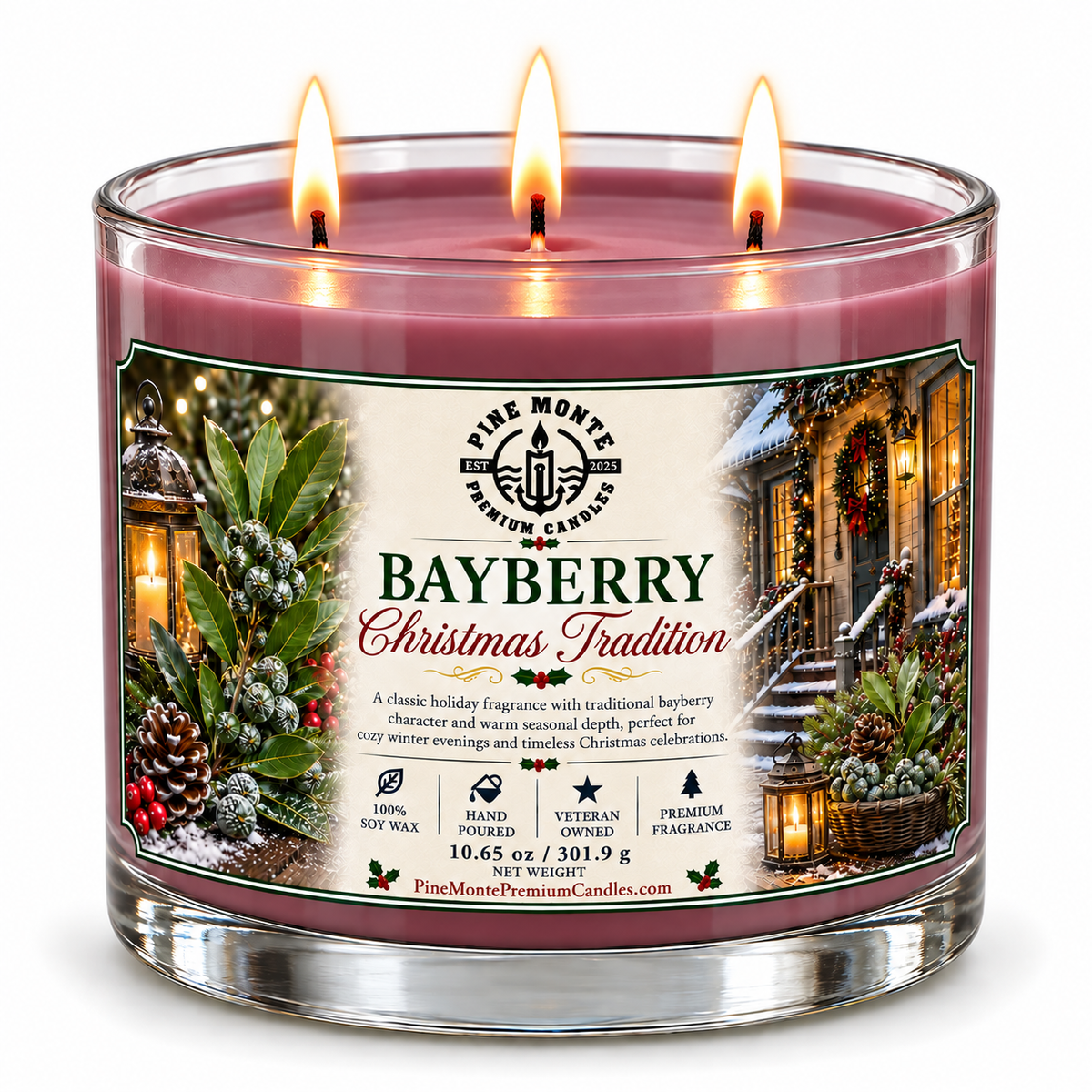Bayberry Christmas candle from Pine Monte, featuring a rich bayberry fragrance in a premium soy candle.