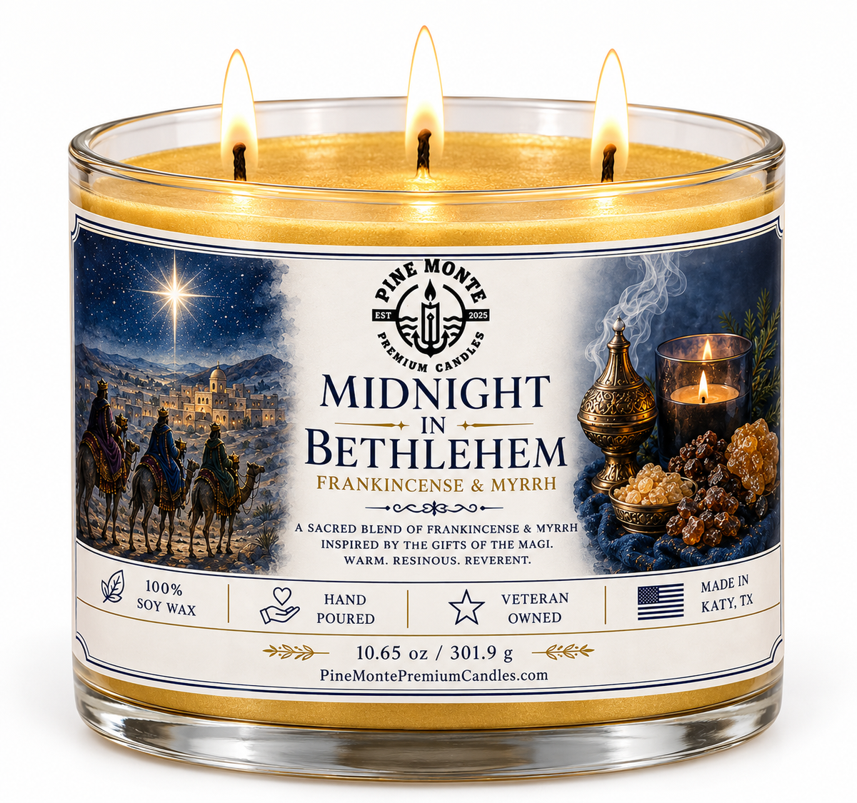 Frankincense and myrrh candle by Pine Monte, capturing the essence of Christmas with warmth and nostalgia.