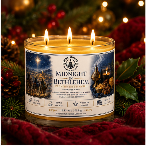 Frankincense and Myrrh Candle by Pine Monte, Midnight in Bethlehem, featuring three wicks and elegant Christmas decorations.