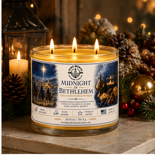 Frankincense and myrrh candle with three wicks, surrounded by holiday decorations, evoking a warm Christmas atmosphere.