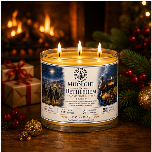 Midnight in Bethlehem frankincense and myrrh candle displayed near a cozy fireplace with festive decorations.