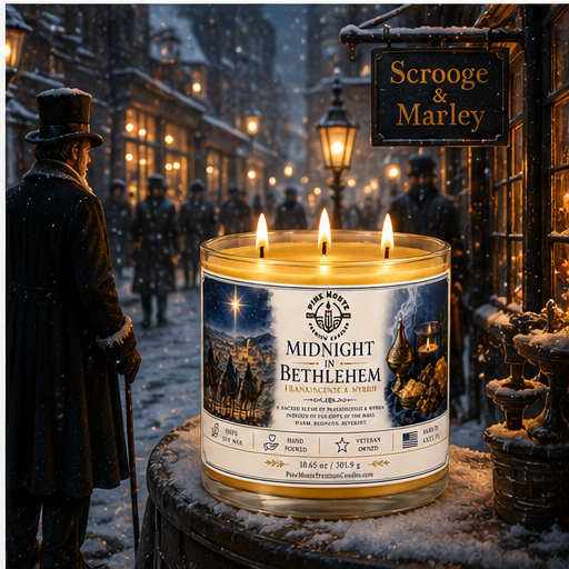 Frankincense and myrrh candle in a snowy street scene, evoking the warmth of Christmas night.