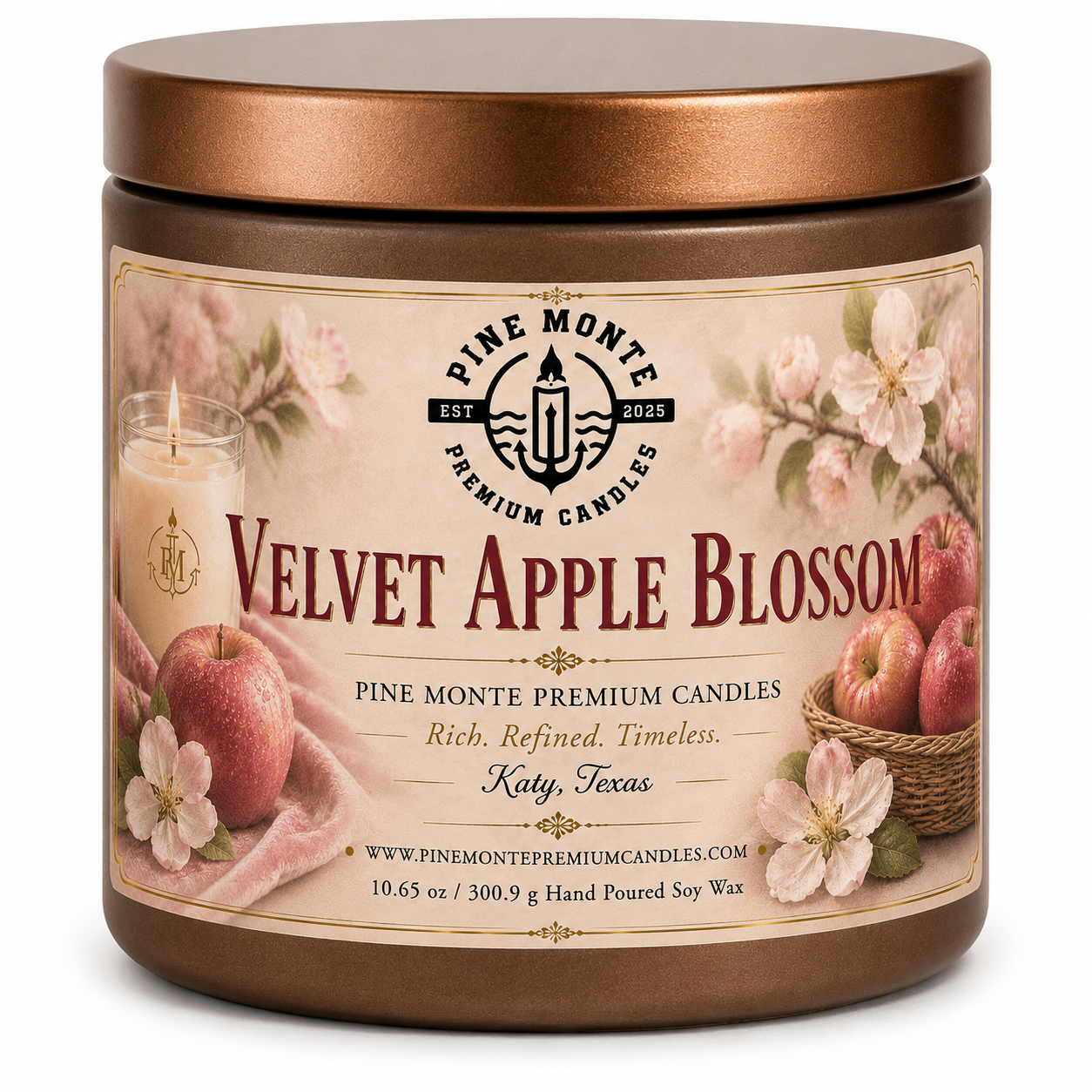 Velvet Apple Blossom Soy Candle in a decorative jar, featuring floral designs and apple illustrations.