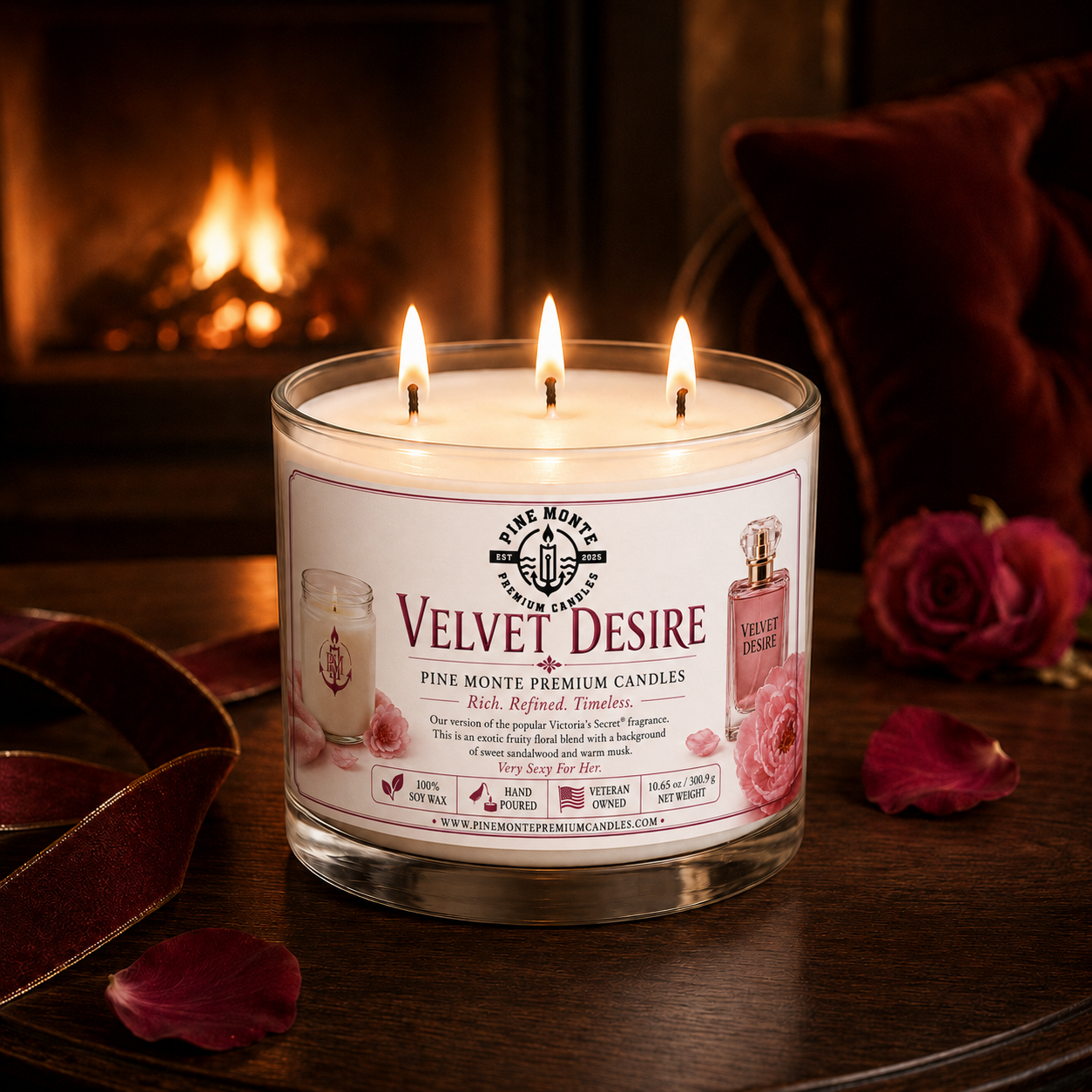 Velvet Desire candle with three wicks illuminated, surrounded by roses and soft fabrics, creating a romantic ambiance.