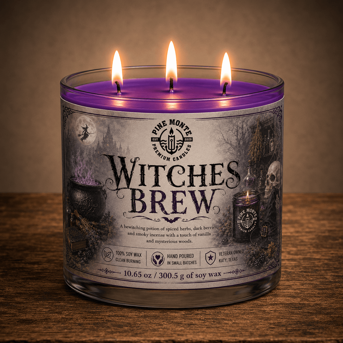 Witches Brew Soy Candle with three glowing wicks, showcasing its enchanting design and rich aroma for Halloween.