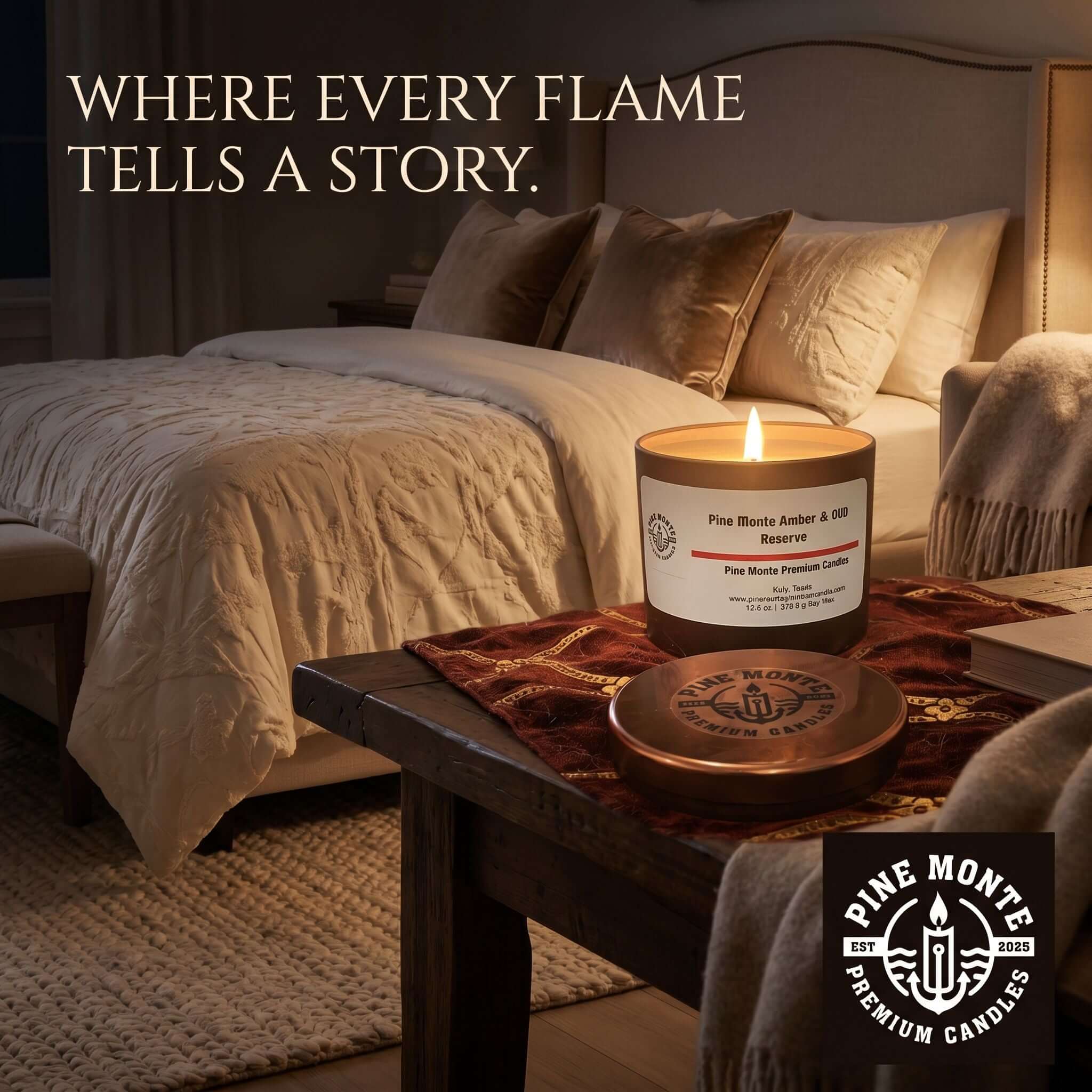 Amber & Oud Reserve Soy Candle lit on a cozy bedside table, creating a luxurious atmosphere.