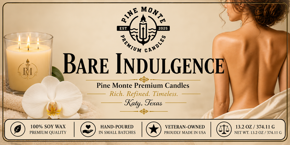 Tropical scented soy candle by Pine Monte, Bare Indulgence, featuring soft fruity notes and creamy tropical sweetness.