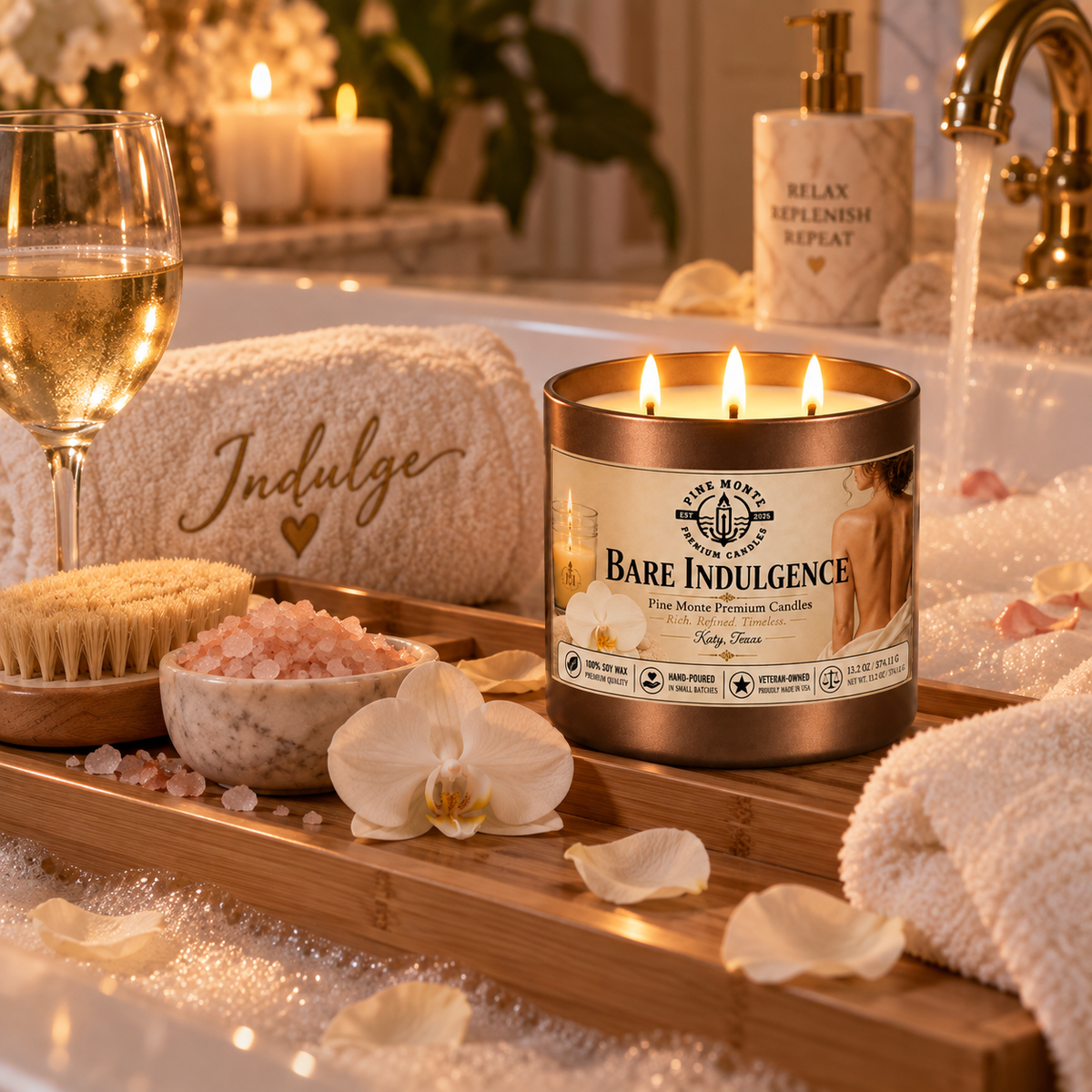 Tropical scented soy candle by Pine Monte in a luxury bath setting with wine and spa essentials.