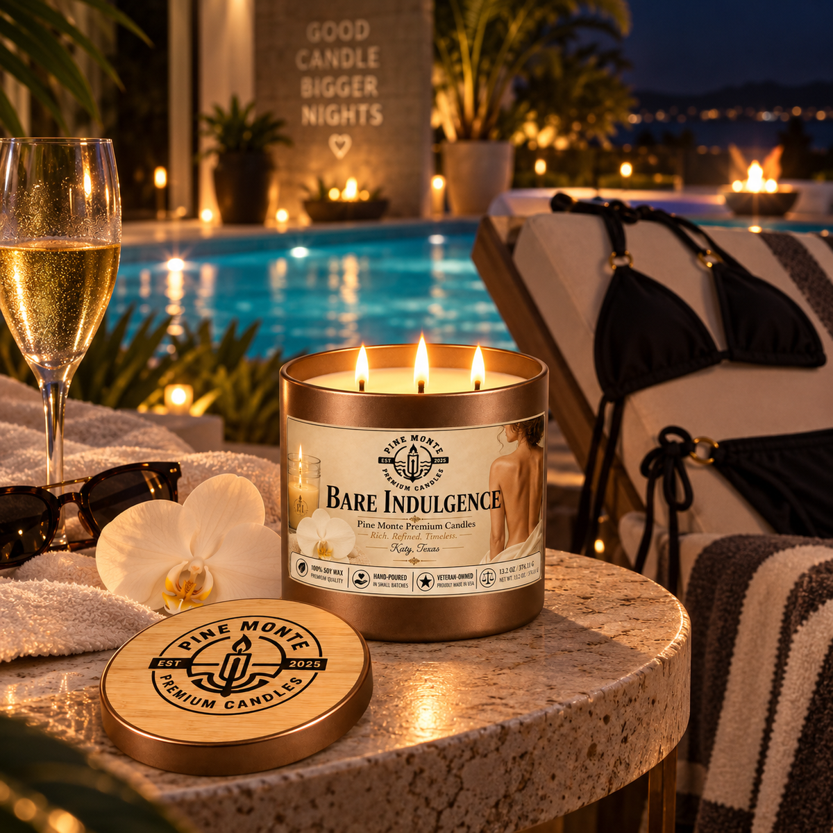 Tropical scented soy candle displayed outdoors with a glass of wine, pool, and bikini in a luxurious setting.