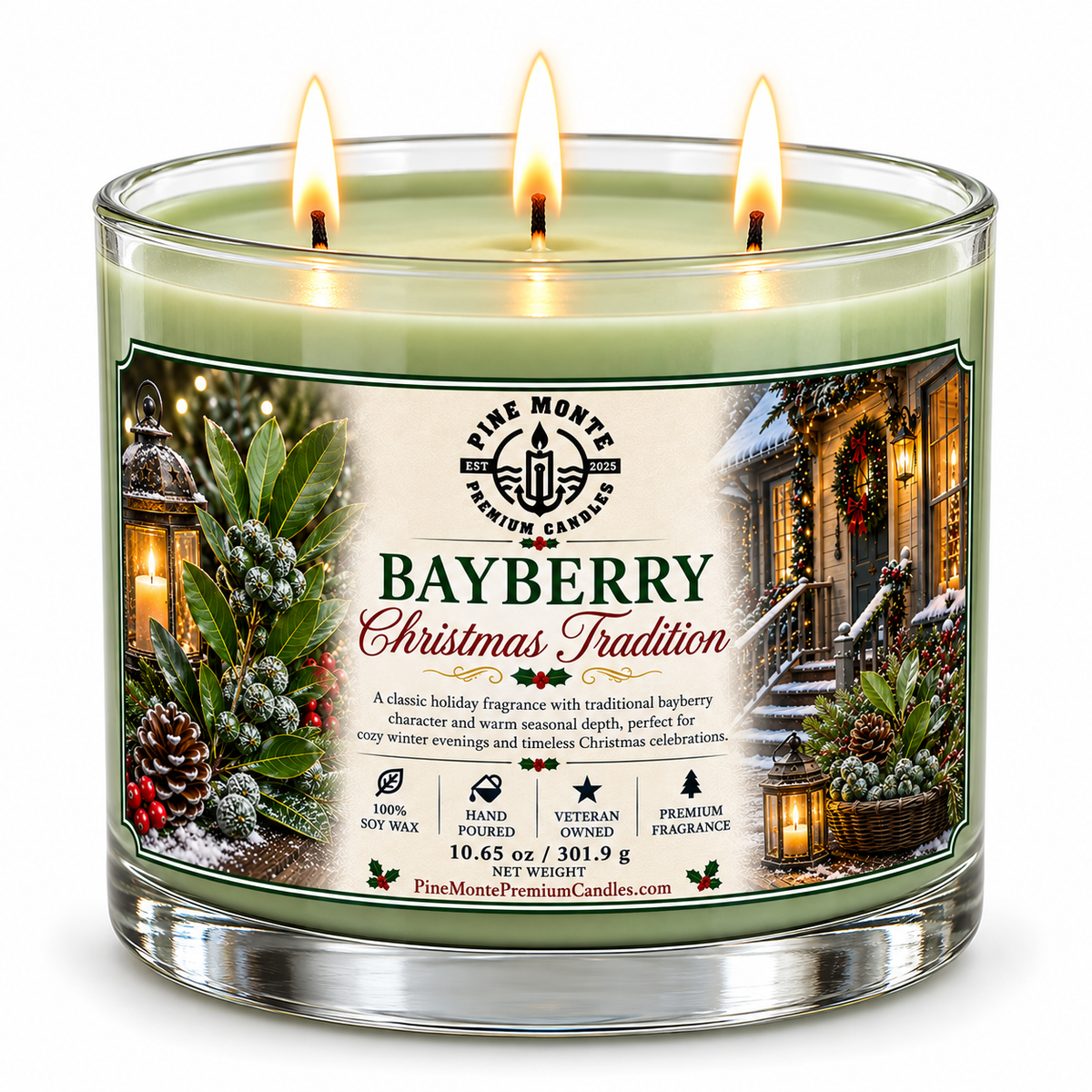 Bayberry Christmas candle by Pine Monte, traditional soy candle with festive holiday fragrance and three wicks.