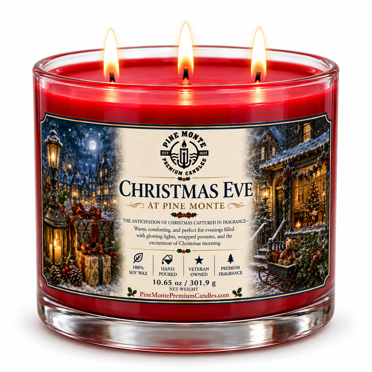 Premium soy Christmas candle, Christmas Eve at Pine Monte, capturing the warmth and excitement of Christmas night.