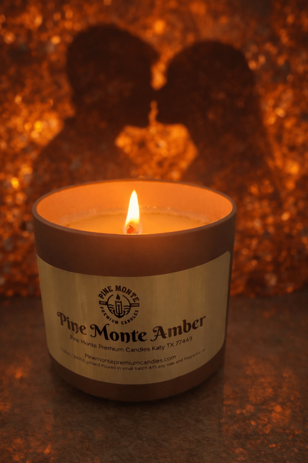 full melt pool candle lit with a warm glow, surrounded by sparkling background, perfect for romantic moments