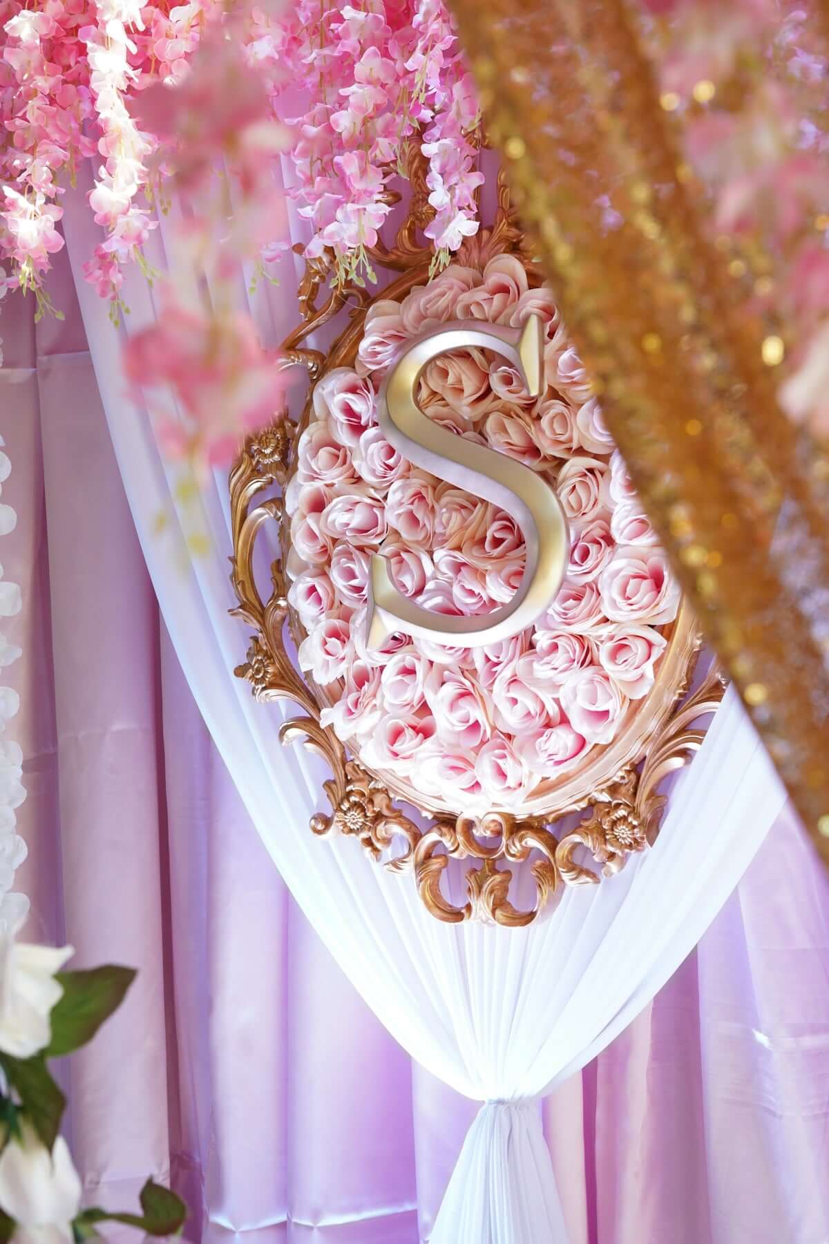 Ornate frame with letter s and pink roses
