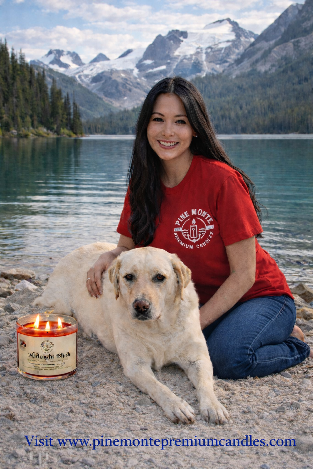 A woman with a dog by the lake showcasing a candle from Pine Monté, representing local purchases for where to buy candles in Katy Texas.