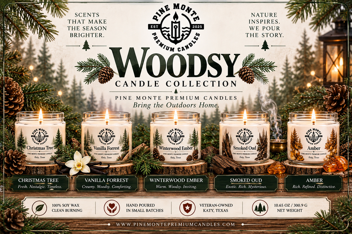 woodsy soy candles collection featuring Cedar Chest, Evergreen, and Balsam Fir from Pine Monte Premium Candles.