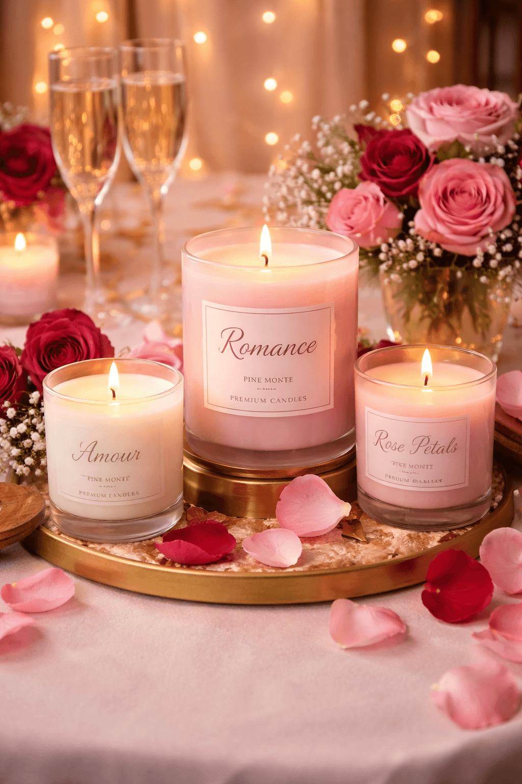 Romantic soy candles on a decorative tray with rose petals, perfect for creating a romantic atmosphere.